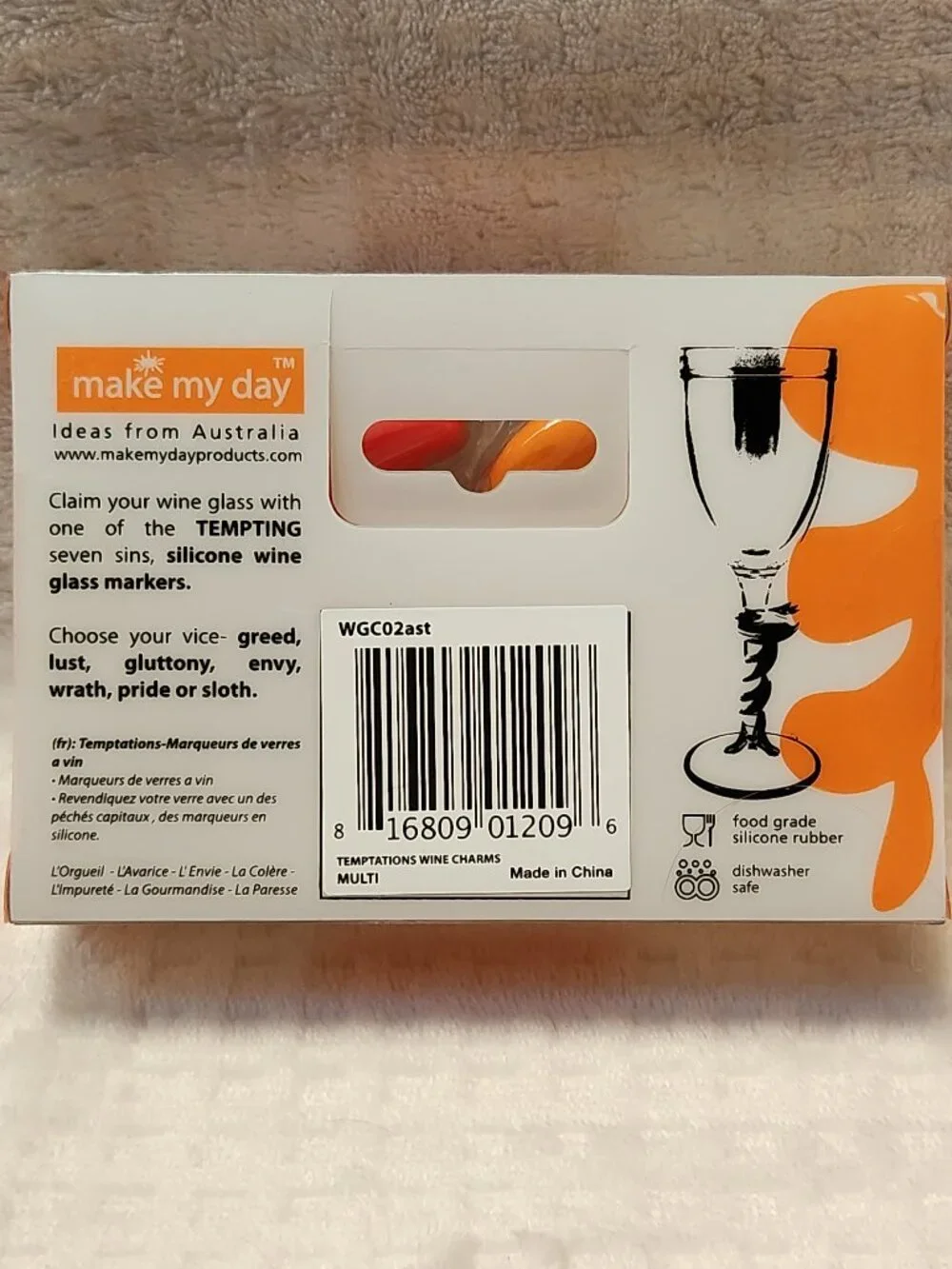 TEMPTATIONS Deadly Sins Silicone Wine Glass Markers - Set of Eight (8) - NEW